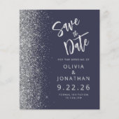 Budget donkerblauw zilveren glitterspare the date (Voorkant)