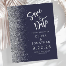 Budget donkerblauw zilveren glitterspare the date