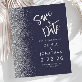 Budget donkerblauw zilveren glitterspare the date