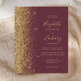 Budget donkere Bourgogne Gold Glitter Wedding Invi