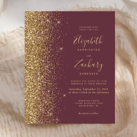 Budget donkere Bourgogne Gold Glitter Wedding Invi