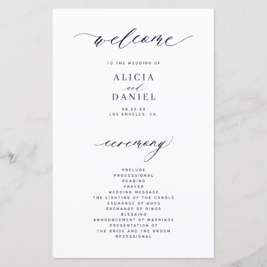 Budget donkere marine en wit elegant huwelijksprog (Voorkant)