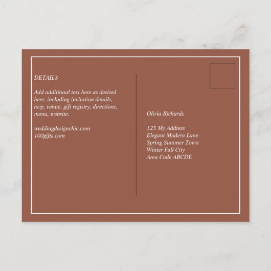 BUDGET Donkere Terracotta Monochrome Trouwfeest Briefkaart (Achterkant)