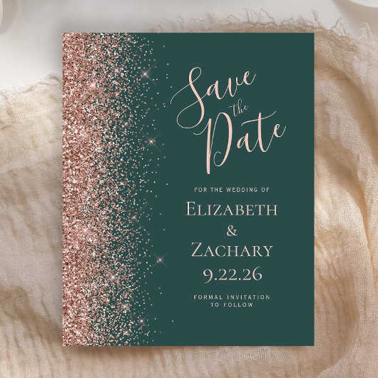 Budget donkergroene roze gouden Save the Date
