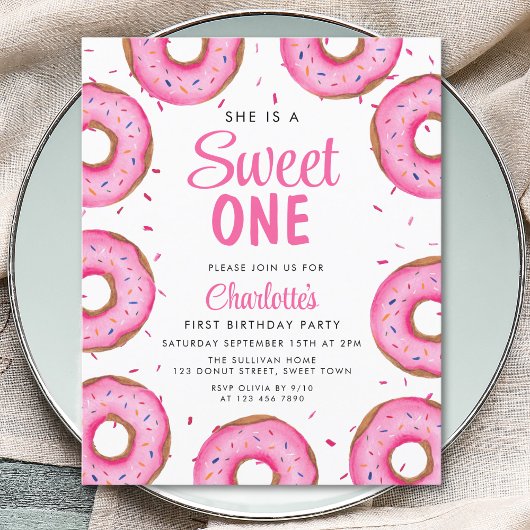 Budget Donut Girl's First Birthday Party Uitnodigi