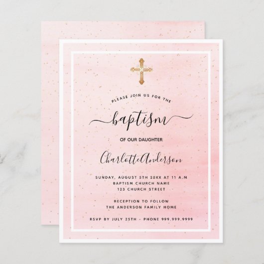 Budget doop blozend roze gouden meisje uitnodiging (Voorkant / Achterkant)
