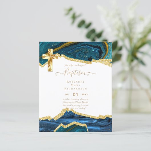 BUDGET DOOP CHRISTENING UITNODIGING AGATE GOUD (Staand voorkant)
