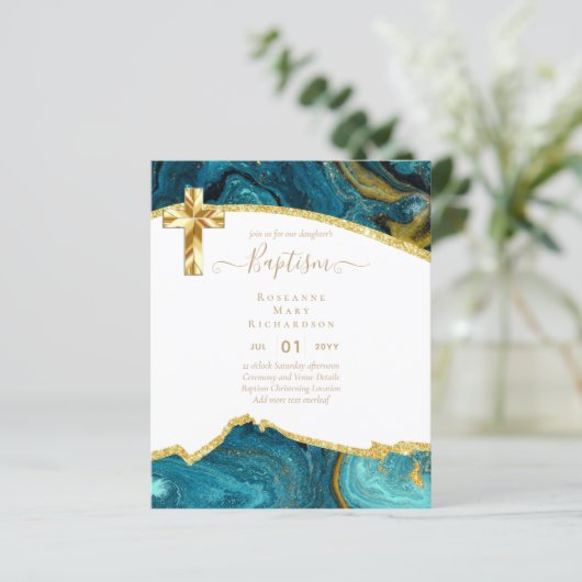 BUDGET DOOP CHRISTENING UITNODIGING AGATE GOUD (Staand voorkant)