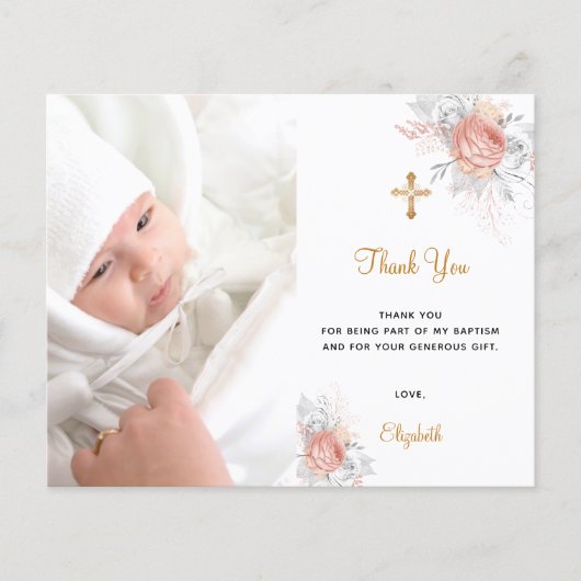 Budget doop roosgoud bloemen foto bedankt (Voorkant)