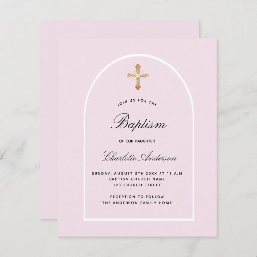 Budget doop roze baby meisje boog uitnodiging (Voorkant / Achterkant)