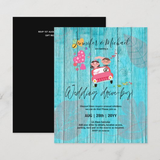 Budget Drive-BY Wedding Invites -Cartoon Couple (Voorkant / Achterkant)