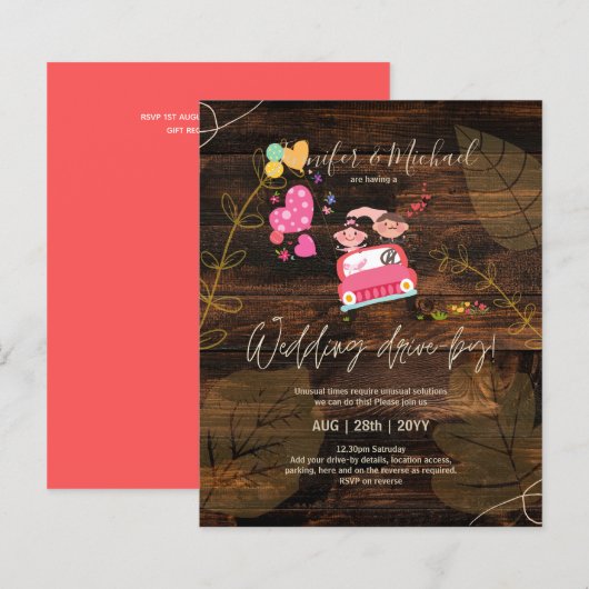 Budget Drive-BY Wedding Invites -Cartoon Couple (Voorkant / Achterkant)