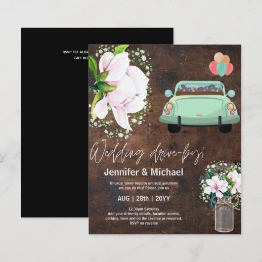 Budget Drive-BY Wedding Invites -Cartoon Couple (Voorkant / Achterkant)