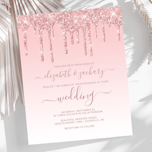 Budget druppelende glitters roze trouwuitnodiging