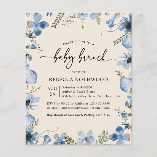 Budget Dusky Blue Flora Baby Brunch Uitnodiging (Voorkant)