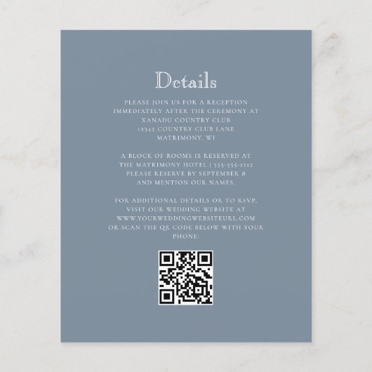 Budget Dusty Blauw Monogram Crest QR Code Huwelijk (Achterkant)