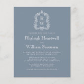 Budget Dusty Blauw Monogram Crest QR Code Huwelijk (Voorkant)