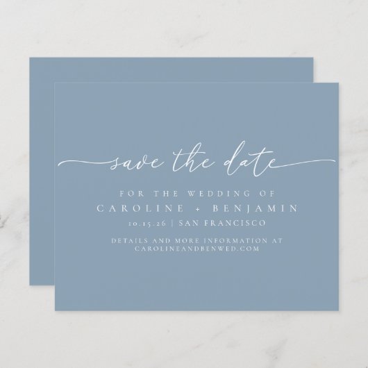 Budget Dusty Blauw Script Bruiloft Opslagdatum (Voorkant / Achterkant)