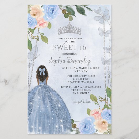 Budget Dusty Blauw Zilver Bloemen Prinses Sweet 16 (Voorkant)