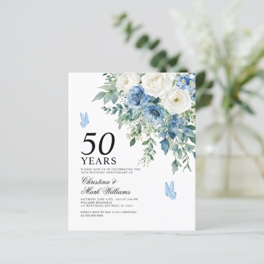 Budget Dusty Blue 50th Wedding Anniversary Invite (Staand voorkant)