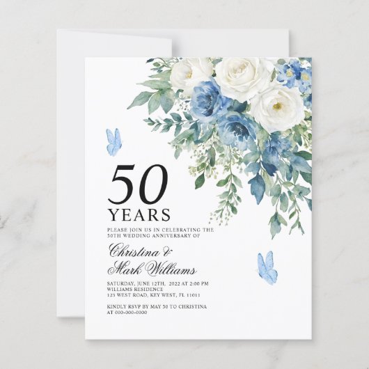 Budget Dusty Blue 50th Wedding Anniversary Invite (Voorkant)