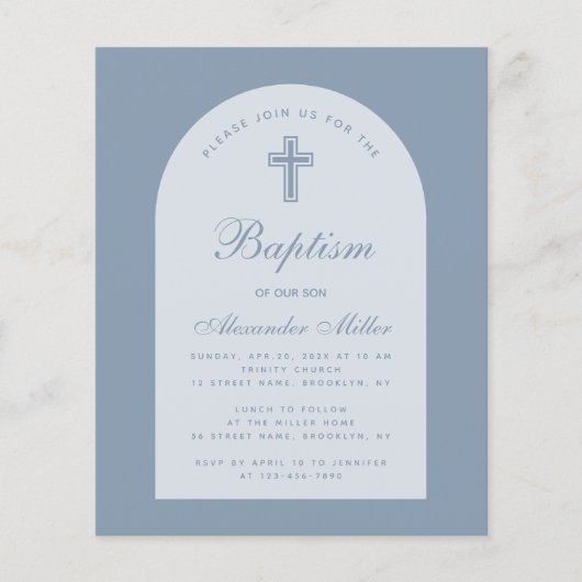 Budget Dusty Blue Arch Boy Baptisme Uitnodiging (Voorkant)
