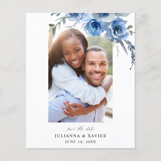 Budget Dusty Blue & B Floral Save the Date Photo 2 Flyer (Voorkant)