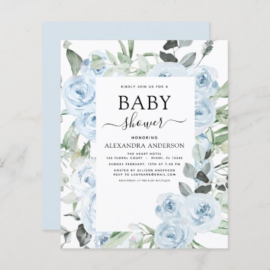 Budget Dusty Blue Baby shower Floral Greenery (Voorkant / Achterkant)