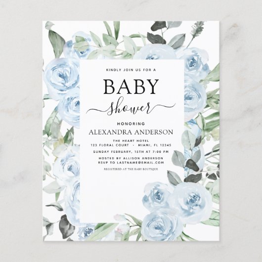 Budget Dusty Blue Baby shower Floral Greenery Flyer (Voorkant)