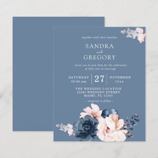 Budget Dusty Blue, Bleke roze Floral Wedding Flyer (Voorkant / Achterkant)