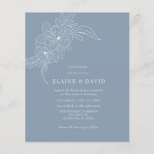 Budget Dusty Blue Bloemen Schets Bruiloft Uitnodig (Voorkant)