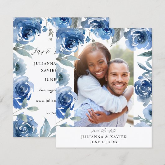 Budget Dusty Blue & Blu Floral Save the Date Photo (Voorkant / Achterkant)