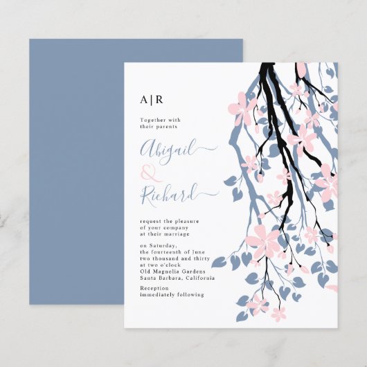 BUDGET Dusty blue, blush floral bruiloft uitnodigi (Voorkant / Achterkant)