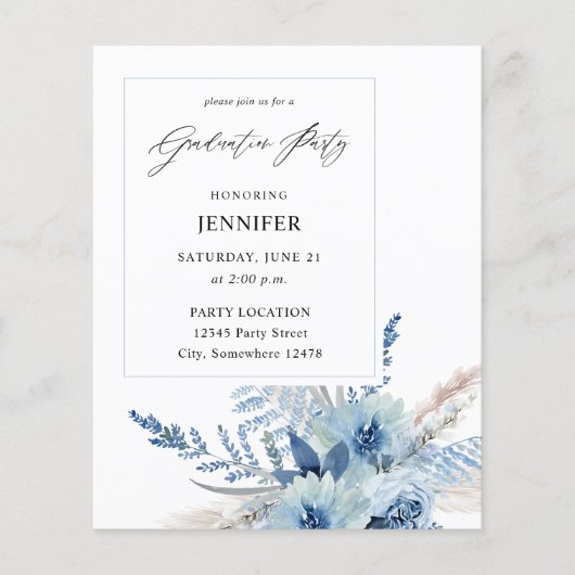 Budget Dusty Blue Boho Floral Graduation Party Flyer (Voorkant)