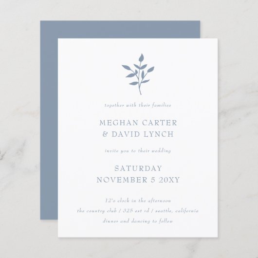 Budget Dusty Blue Botanical Weddenation Invitation (Voorkant / Achterkant)