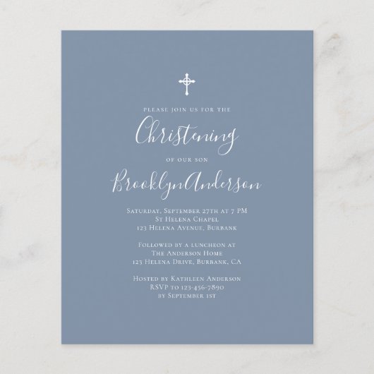 Budget Dusty Blue Christening Uitnodiging (Voorkant)