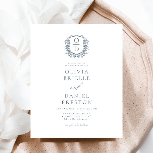 Budget Dusty Blue Crest Monogram Huwelijksfoto Flyer