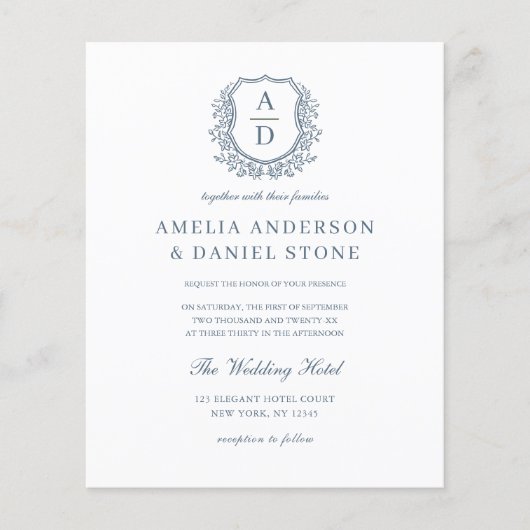 Budget Dusty Blue Crest Monogram Wedding QR Code (Voorkant)