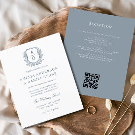 Budget Dusty Blue Crest Monogram Wedding QR Code Flyer