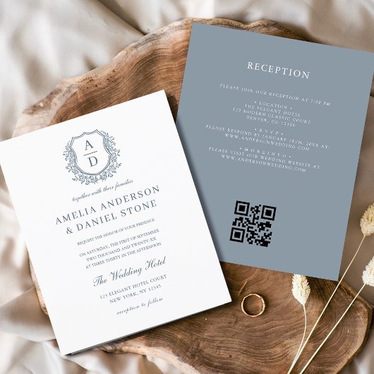 Budget Dusty Blue Crest Monogram Wedding QR Code Flyer