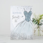 Budget Dusty Blue Dress Sweet 16 Uitnodiging (Staand voorkant)