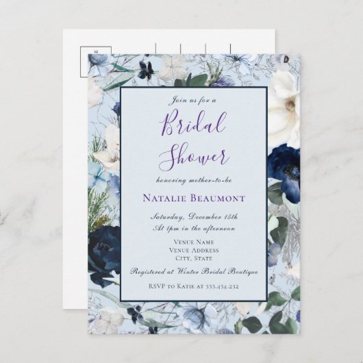 Budget Dusty Blue Elegant Floral Vrijgezellenfeest Uitnodiging Briefkaart (Voorkant / Achterkant)