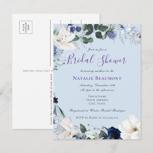 Budget Dusty Blue Elegant Floral Vrijgezellenfeest Uitnodiging Briefkaart (Voorkant / Achterkant)