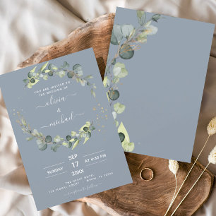 Budget Dusty Blue Eucalyptus Bruiloft uitnodiginge