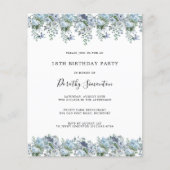 Budget Dusty Blue Floral 18e Verjaardag uitnodigin (Voorkant)