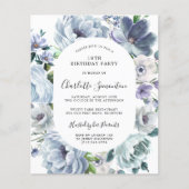 Budget Dusty Blue Floral 18e Verjaardag uitnodigin (Voorkant)