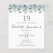Budget Dusty Blue Floral 19e Verjaardag uitnodigin (Voorkant)