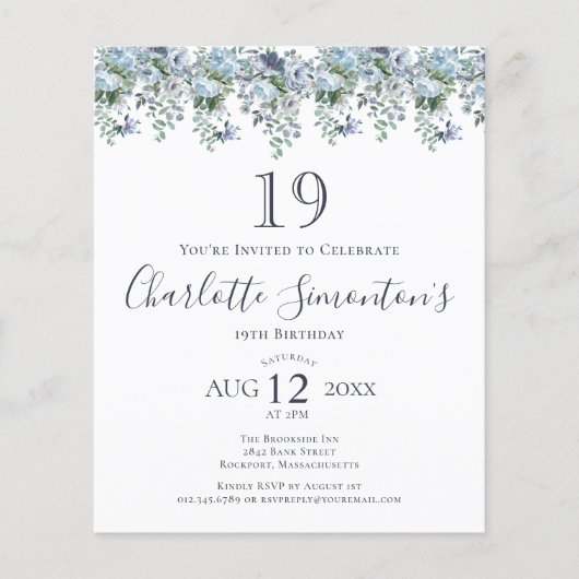 Budget Dusty Blue Floral 19e Verjaardag uitnodigin (Voorkant)