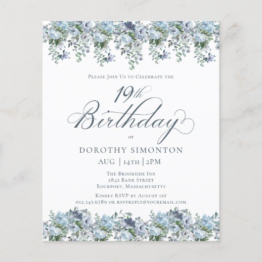 Budget Dusty Blue Floral 19e Verjaardag uitnodigin (Voorkant)