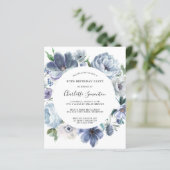 Budget Dusty Blue Floral 30e Verjaardag uitnodigin (Staand voorkant)